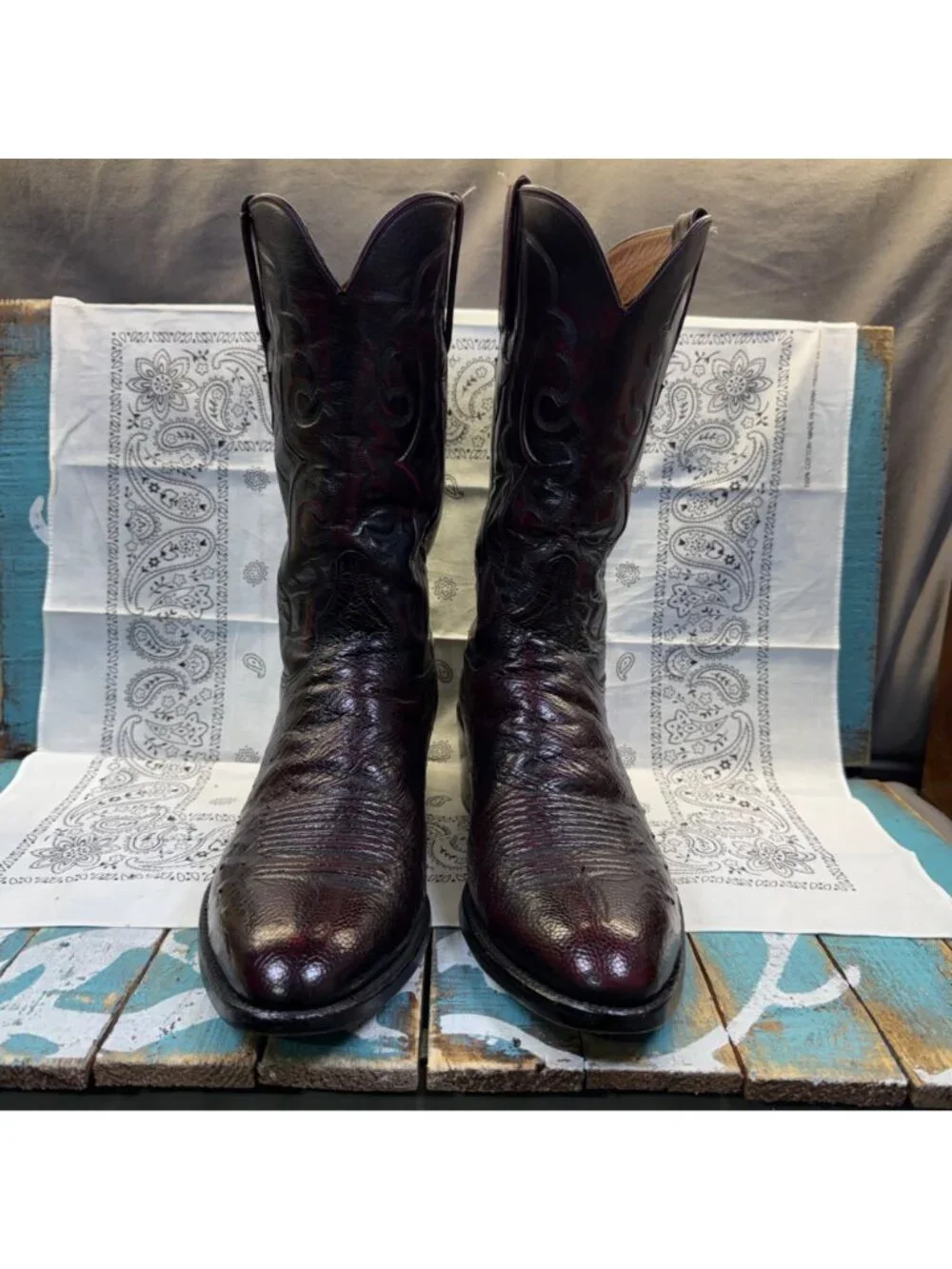 VTG Lucchese Classics Ostrich Cowboy Boots Men 12D Black Cherry Embossed Stitch